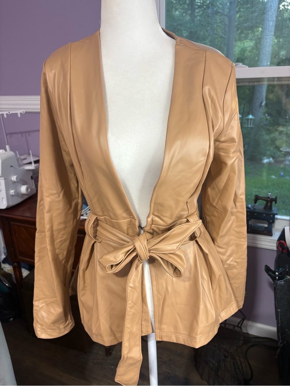 Women's Tan Faux Leather Tie-Waist Jacket